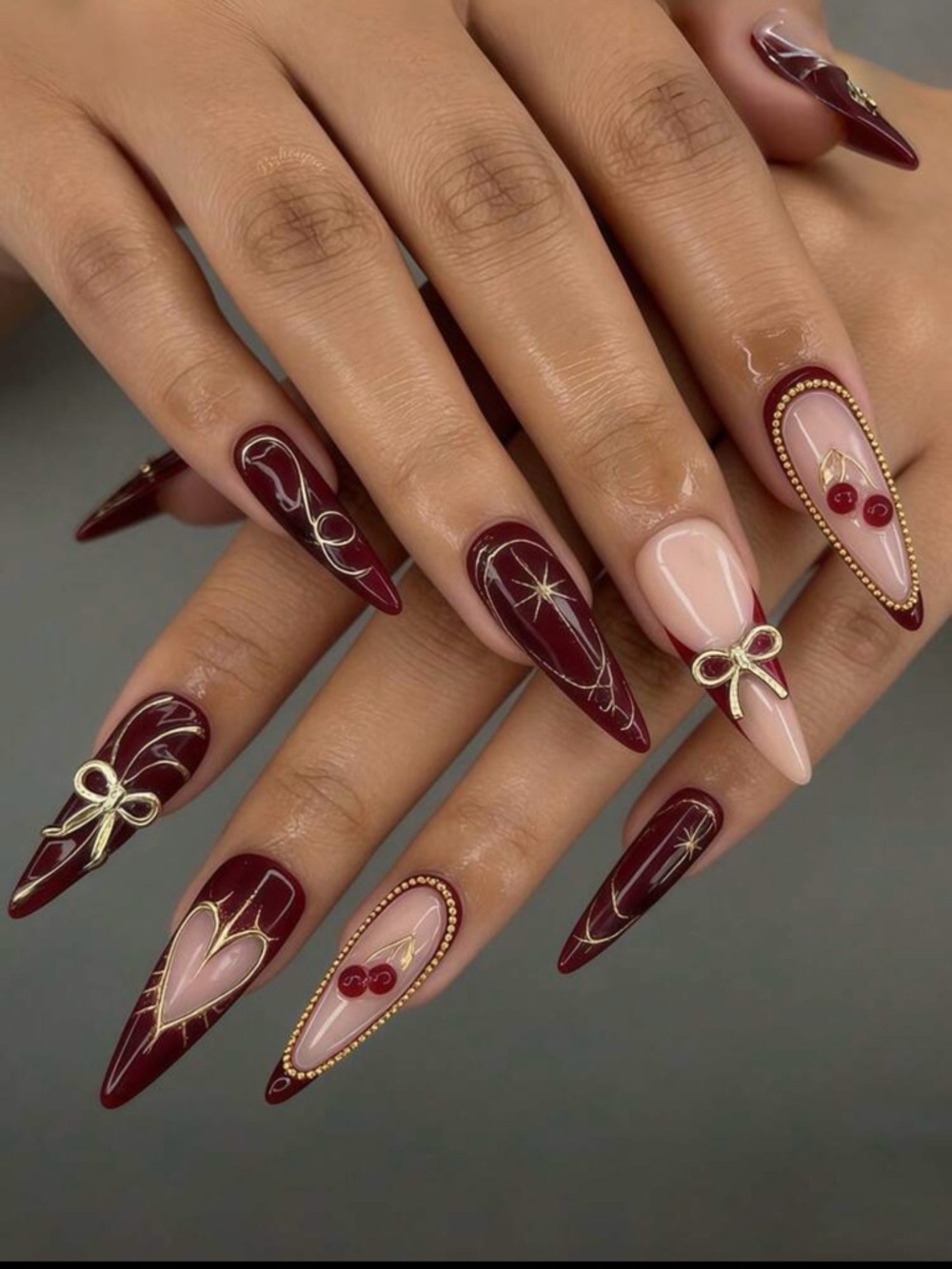 Luxury Burgundy & Nude Stiletto Nail Set with Gold Accents